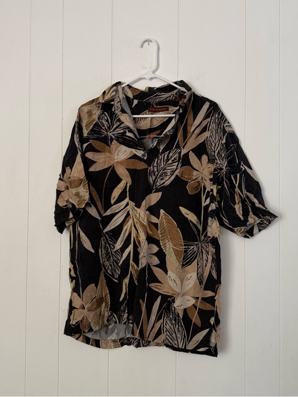 Tori Richard Black Tropical Leaves Button-Down Shirt Men XL Black Tan Cream